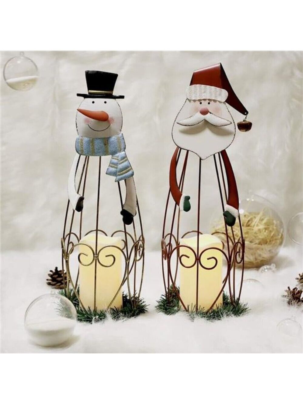 Christmas Candle Lantern Set LED Lighted Santa Claus Metal Holiday Home Decor